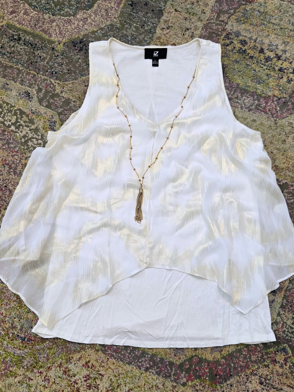 IZ Byer Wms Dress Tank Sz L Draped W Shell Attached Necklace Tassel White Gold